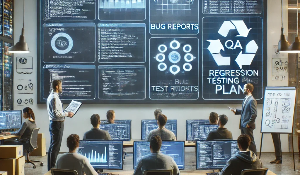 DALL·E 2025-02-01 17.58.29 - A modern software development workspace featuring a large monitor displaying a software testing dashboard with 'Regression Testing Plan' highlighted.
